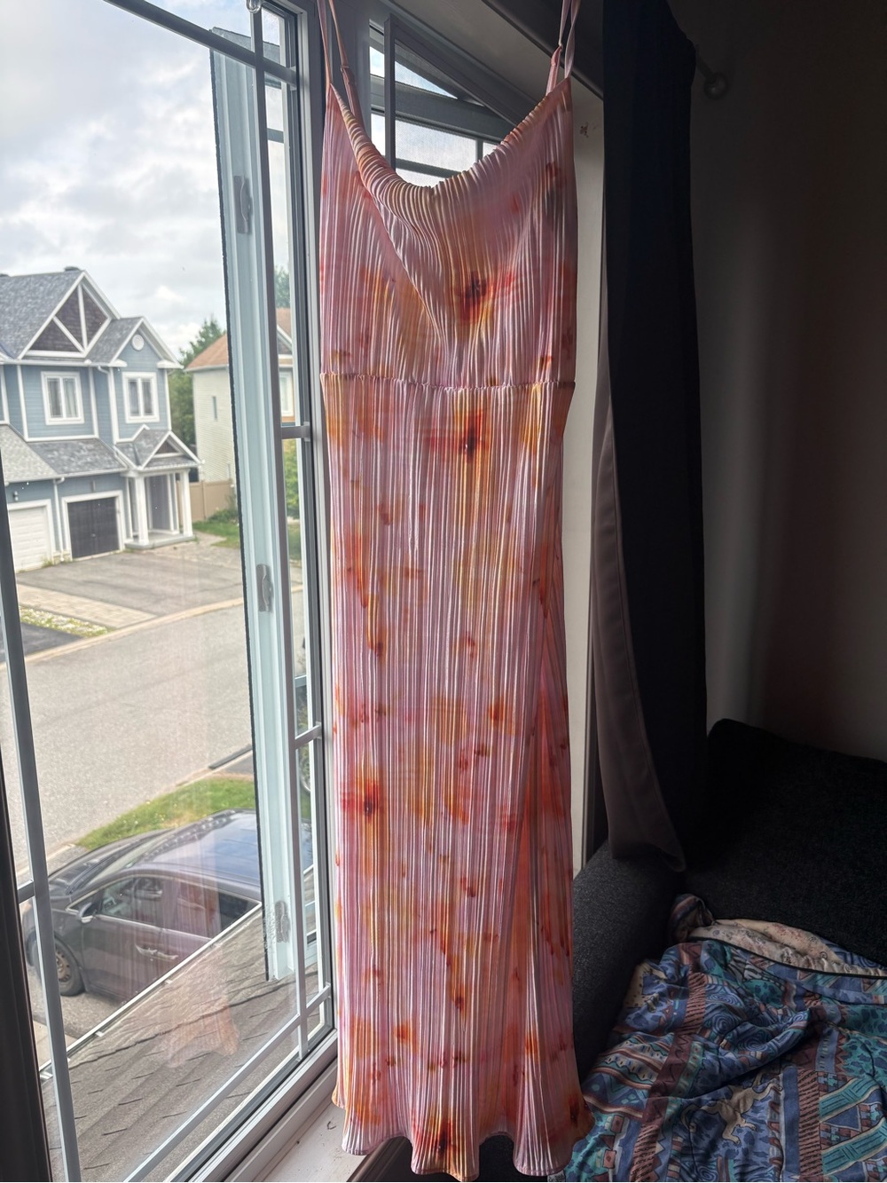 Floral Pleated Strappy Maxi Dress in Pink and Orange